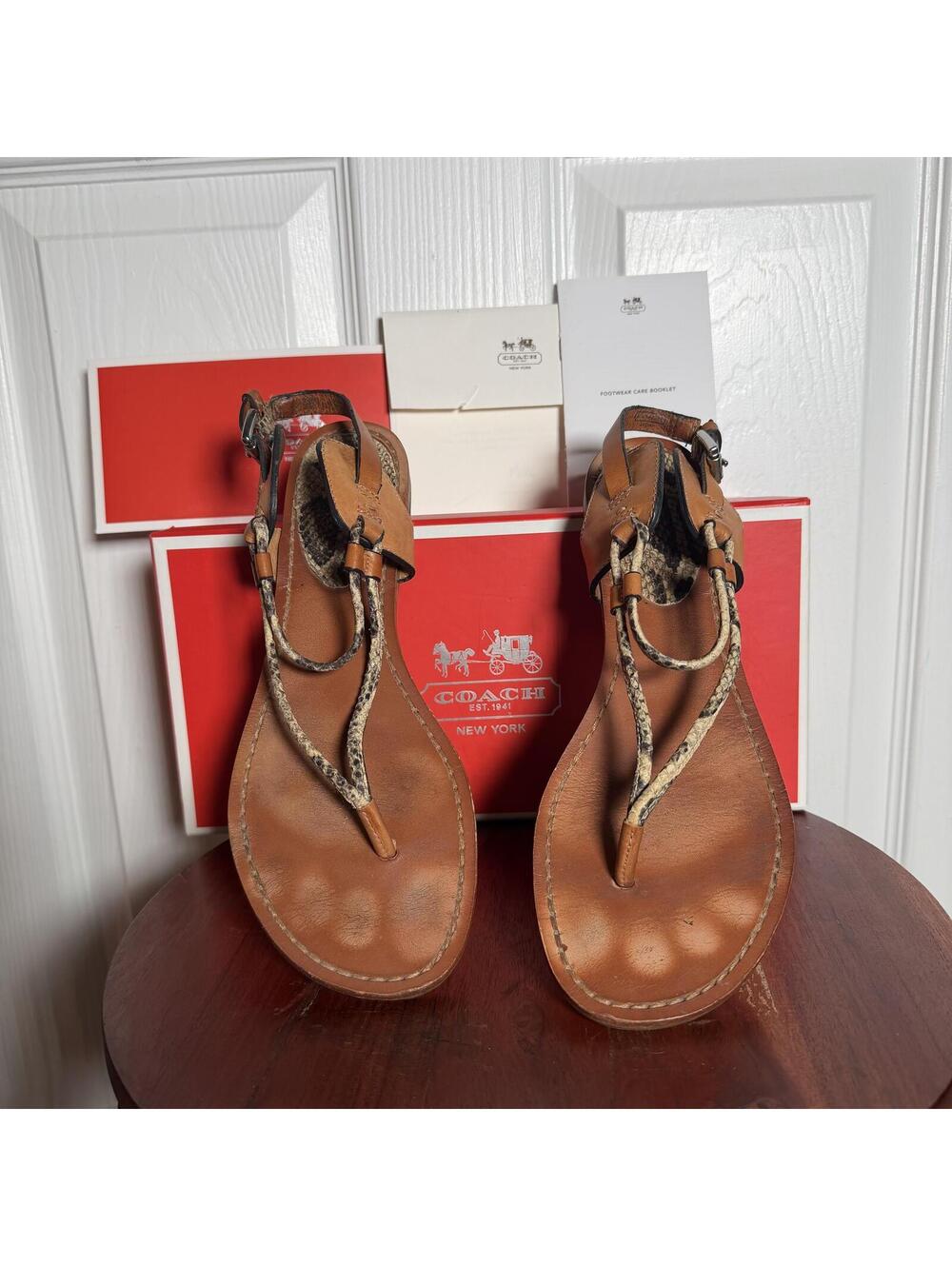 Coach Python Print Leather Thong Sandals Natural Ginger Flat Ankle Strap